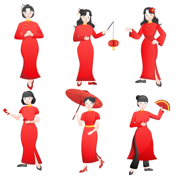 Collection of female illustrations for Chinese New Year celebration