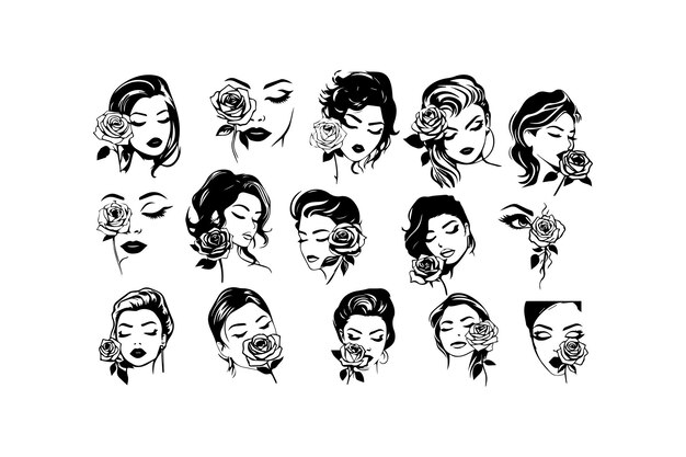 Vector collection of female portraits with roses vector icon