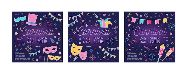 Collection of festive carnival promo cards with place for text. Bundle of square postcards decorated mask, flag garland and firework drawn with glowing neon lines. Vector illustration in linear style.