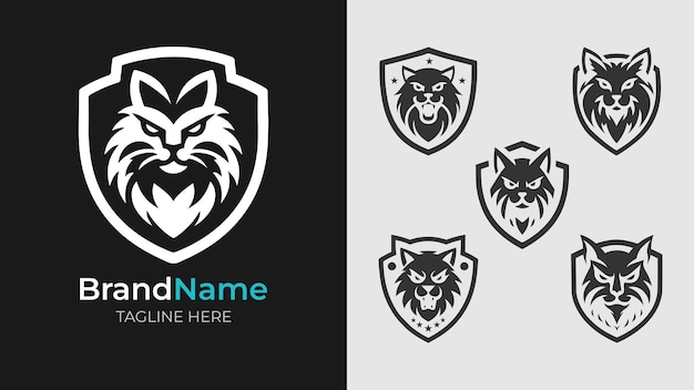 Collection of fierce monochrome logos featuring angry cat heads within shields