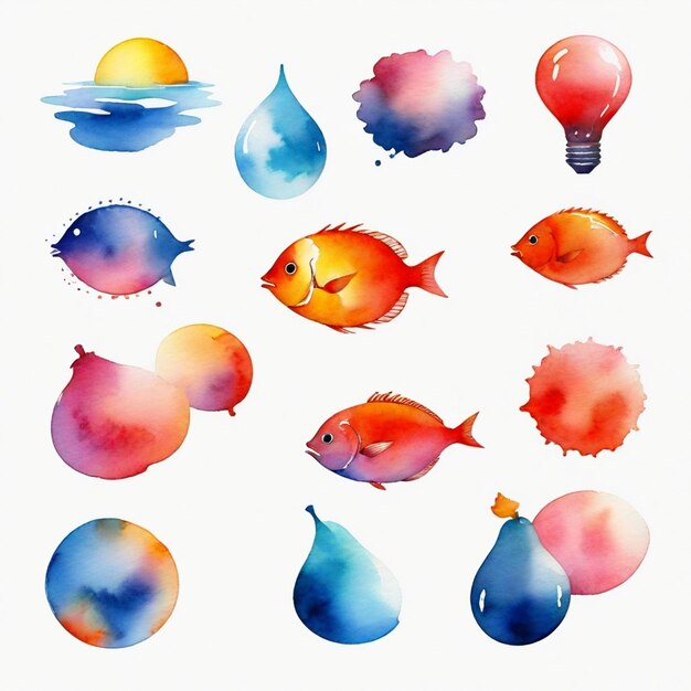 Vector a collection of fish and bubbles with the word fish on it