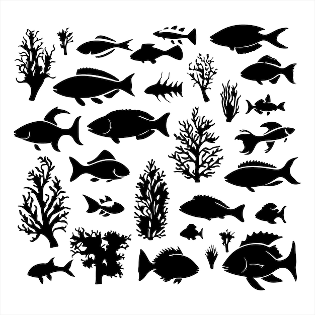 Vector a collection of fish and corals including one that has the word fish