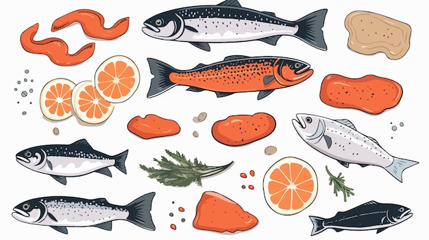 a collection of fish and oranges with oranges and spices