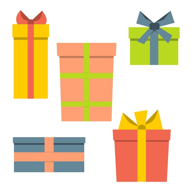 Collection of five multi colored gift boxes. Vector illustration