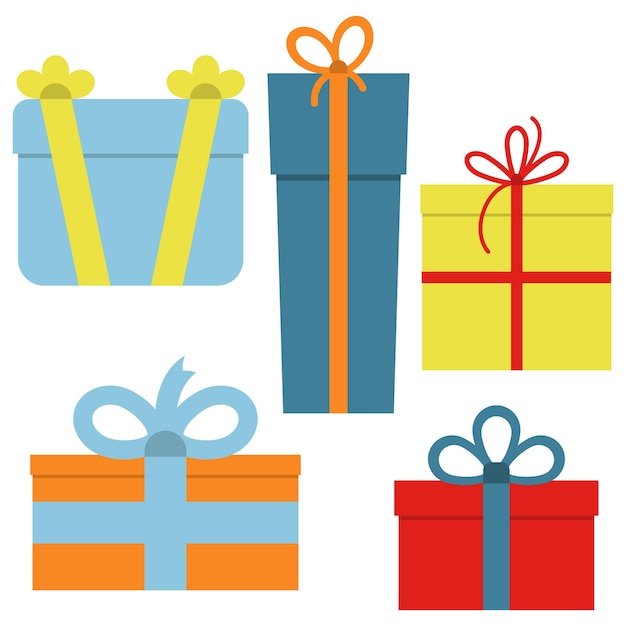 Collection of five multi colored gift boxes. Vector illustration