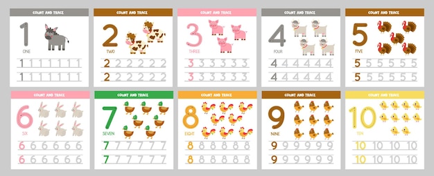 Collection of flashcards for learning numbers for children Cute farm animals