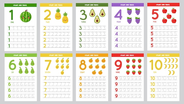 Collection of flashcards for learning numbers for children. Cute fruits.