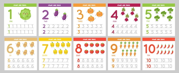 Collection of flashcards for learning numbers for children. Cute vegetables.