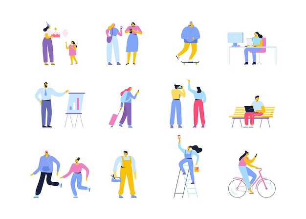 Collection of flat cartoon men and women isolated on white background Happy family parents couples friends business people riding bicycle working with laptop