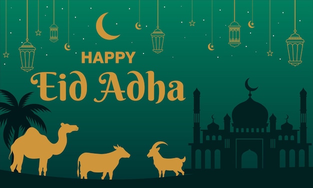 Collection of flat Eid Al Adha illustrations and templates in green color