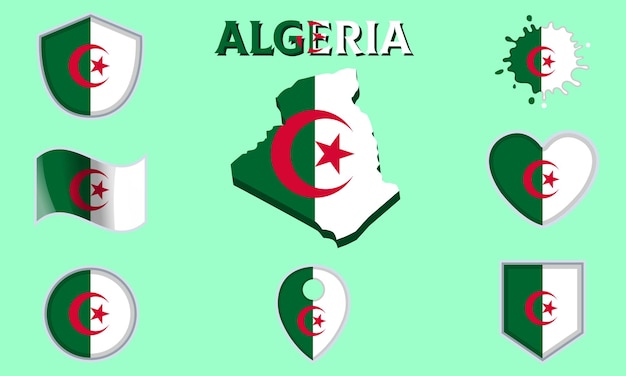 Collection of flat national flags of Algeria with map