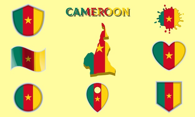 Collection of flat national flags of Cameroon with map