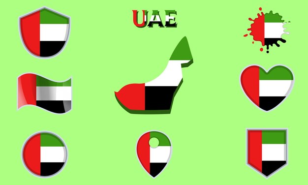 Vector collection of flat national flags of uae with map