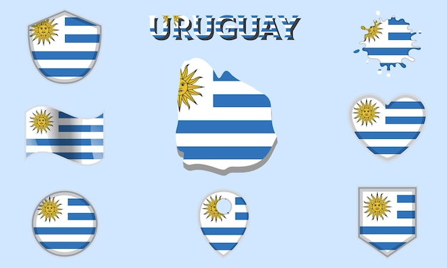 Collection of flat national flags of Uruguay with map