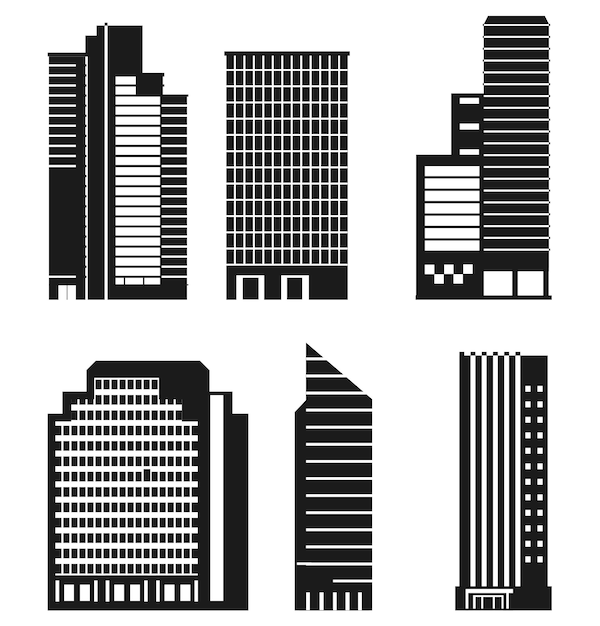 Collection of Flat skyscrapers set isolated Vectors Silhouettes