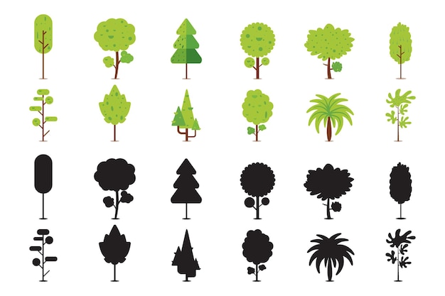 Collection of flat style trees with its silhouette