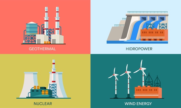 Vector a collection of flat vector illustrations of geothermal nuclear hydropower and wind power plants