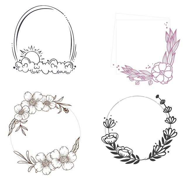 Collection of floral frames with silhouettes of branches leaves and flowers Hand drawn elegant del