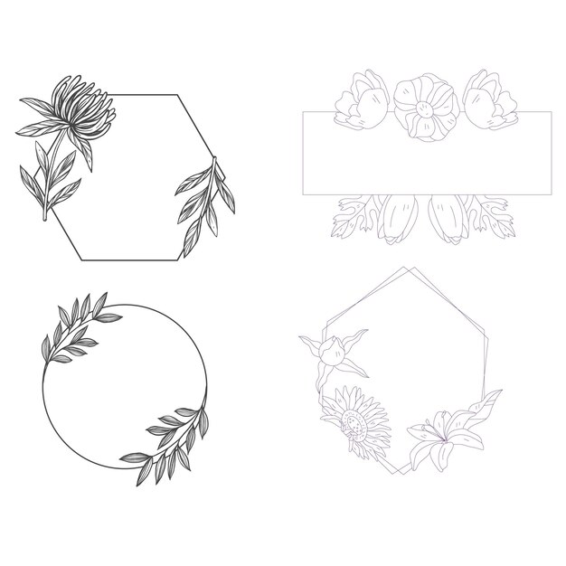 Collection of floral frames with silhouettes of branches leaves and flowers Hand drawn elegant del