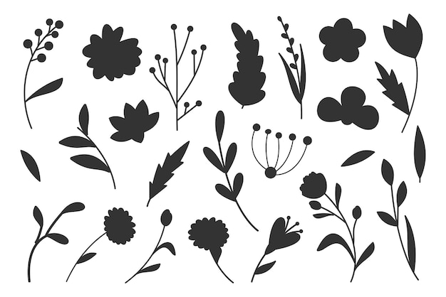 Collection of Flower and branches doodle isolated vector Silhouettes