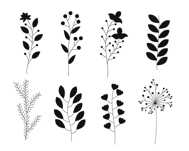 Collection of Flower and branches doodle isolated vector Silhouettes