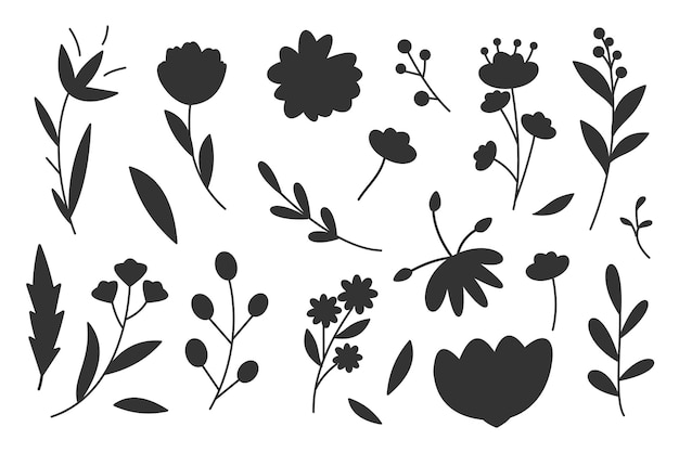 Collection of Flower and branches doodle isolated vector Silhouettes