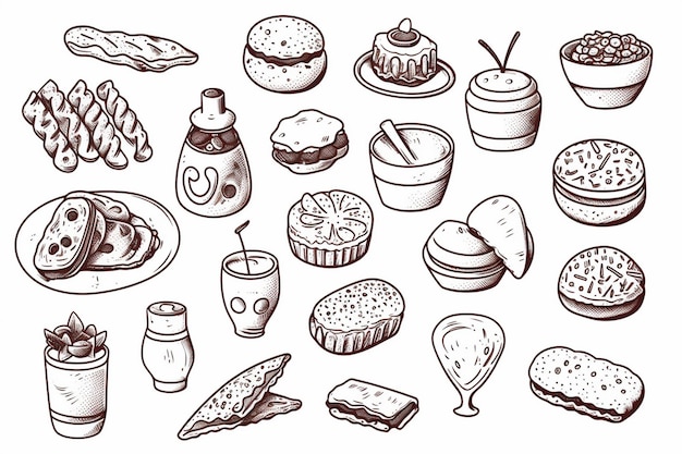 a collection of food and drinks including a drawing of a cake