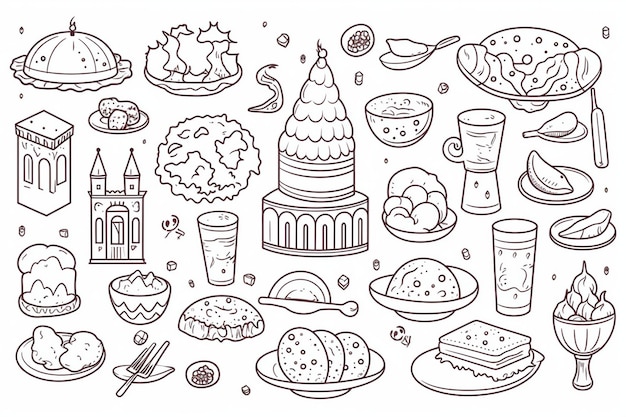 a collection of food and drinks including a drawing of a church and a church