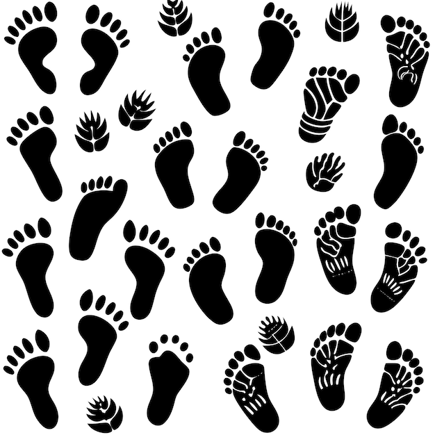 Vector a collection of footprints with a black and white background