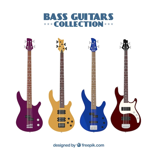 Collection of four colored bass guitars