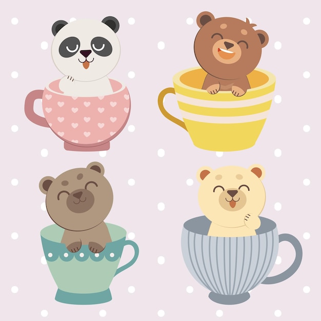 Collection of four cute bears inside colorful cups on light pink background illustration