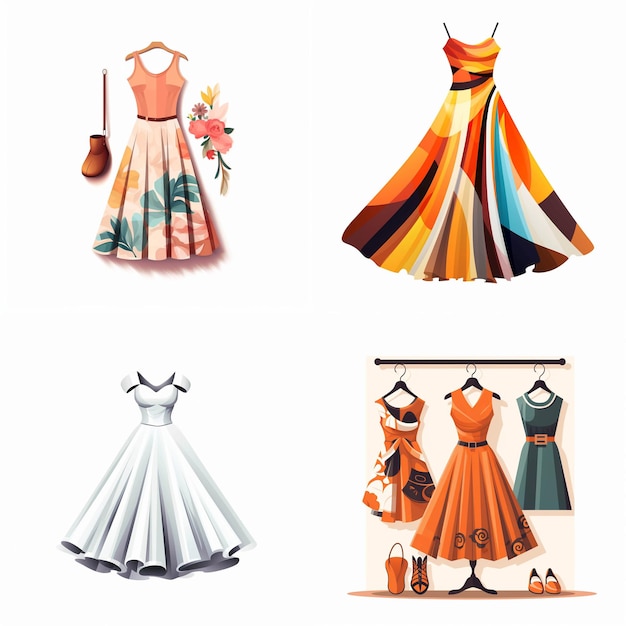 A collection of four different dresses each with a different color scheme