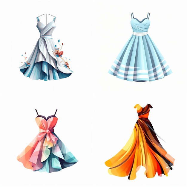 A collection of four dresses each with a different color and style