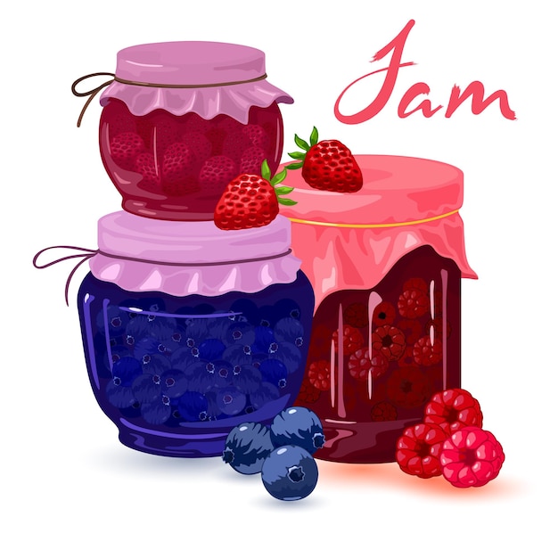 Collection of fresh homemade strawberry, blueberry and raspberry jelly canned in jars