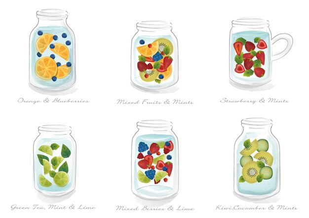 Vector collection of fruit juice in watercolor glass jar