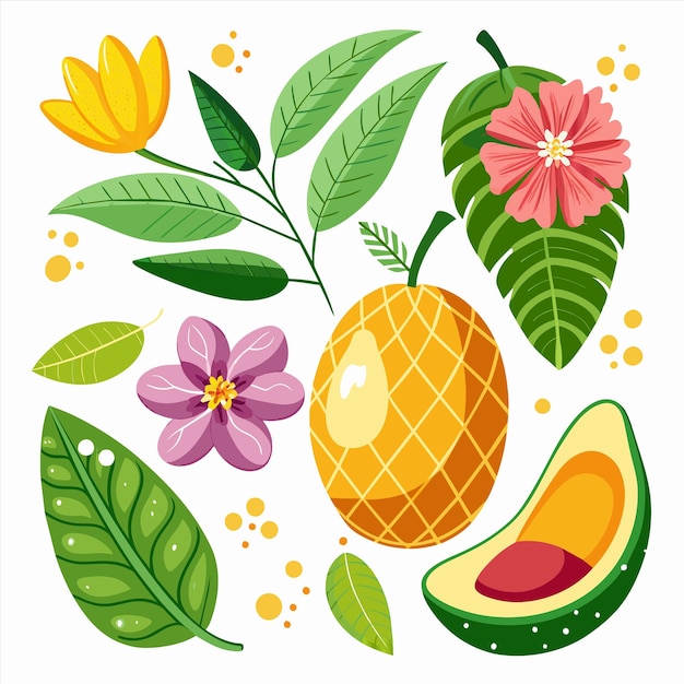 Vector a collection of fruits and vegetables including avocado avocado and flowers