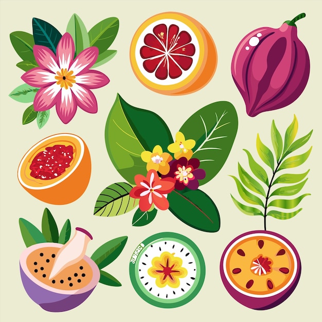 Vector a collection of fruits and vegetables including fruits and flowers