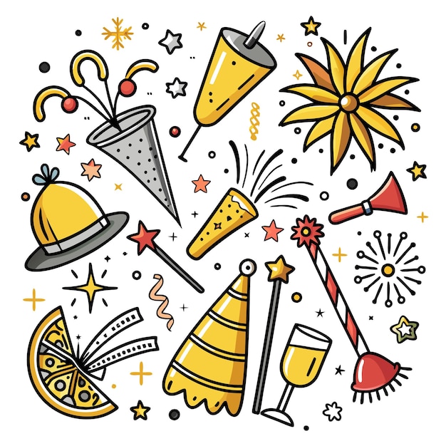 A collection of fun celebratory objects in a doodle style