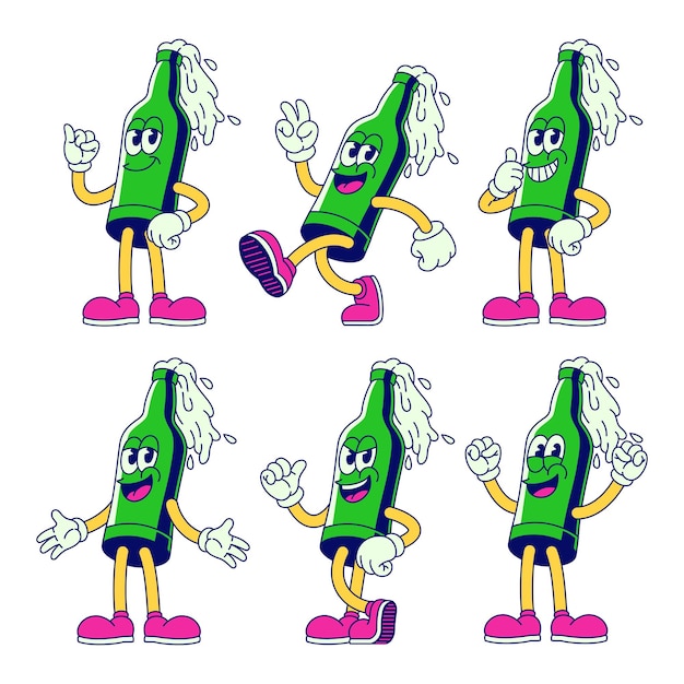 Vector collection of funny beer of bottle characters with various pose