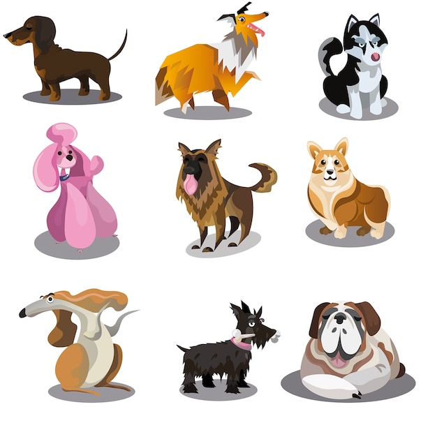 Collection of funny cartoon dogs set