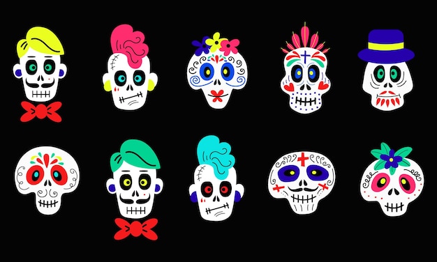 Collection of funny colorful skulls Vector