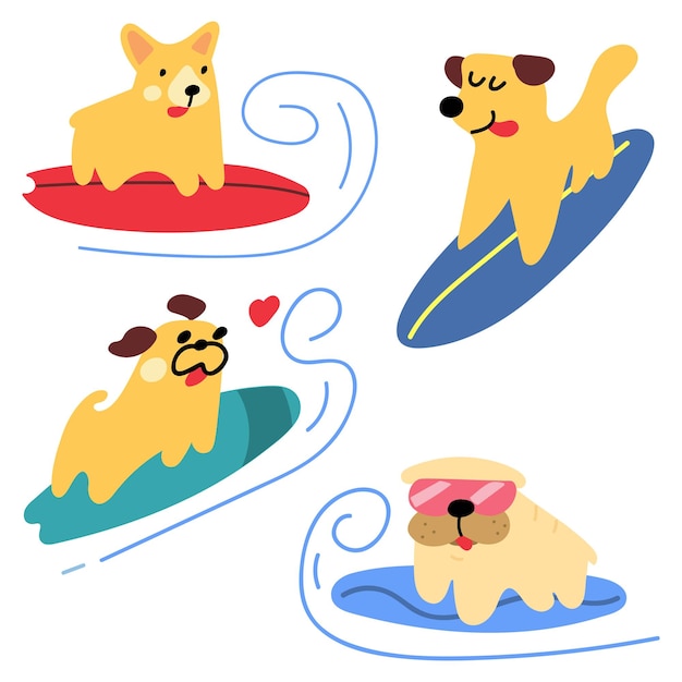 Collection of funny dogs on surfboards Vector illustrations on white background