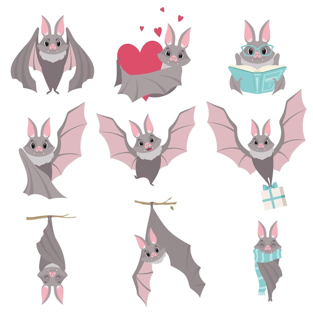 Collection of funny gray bats cute creature cartoon characters in different situations vector Illustration isolated on a white background