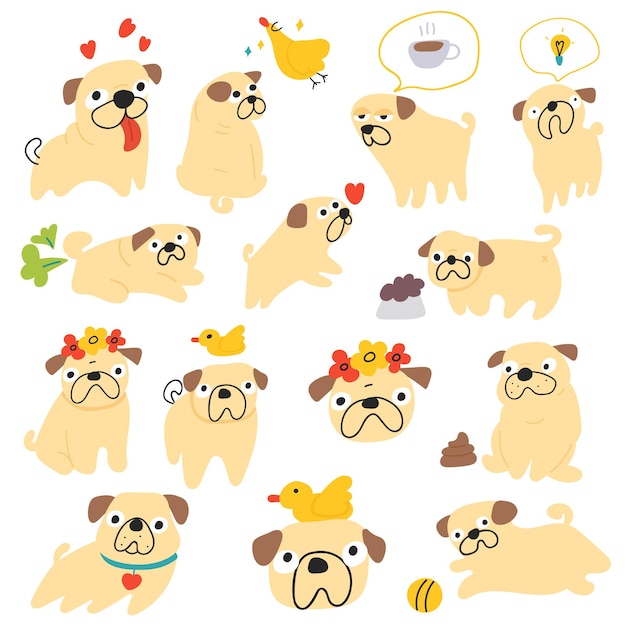 Collection of funny pugs Best for stickers design Vector illustrations on white background