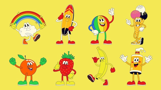 Vector collection of funny summer retro cartoon character set collection