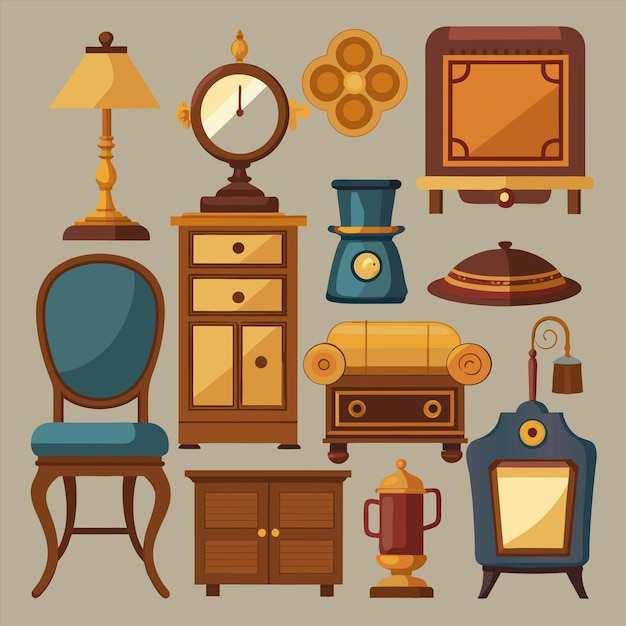 Vector a collection of furniture including a clock a chair a chair and a lamp