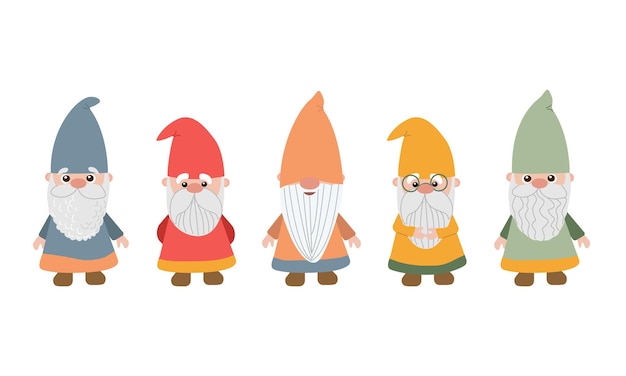 Collection of garden gnomes or dwarfs banner different color Set of cute fairytale characters