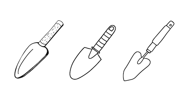 Collection of Garden shovels isolated on white. illustration in Doodle style. Gardening