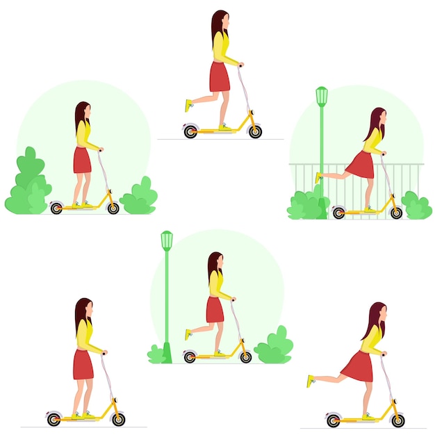 Collection of girls riding scooters Flat cartoon illustration Ecofriendly transport Stock vector