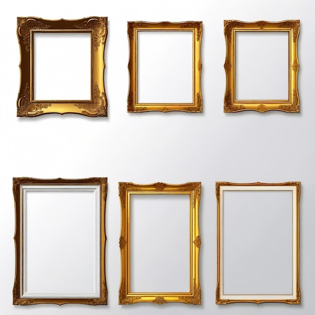 a collection of gold framed frames with a white background